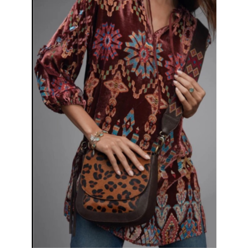 Johnny Was Geo Velvet Burnout Mali Tunic Top Silk Size Small Boho Tribal